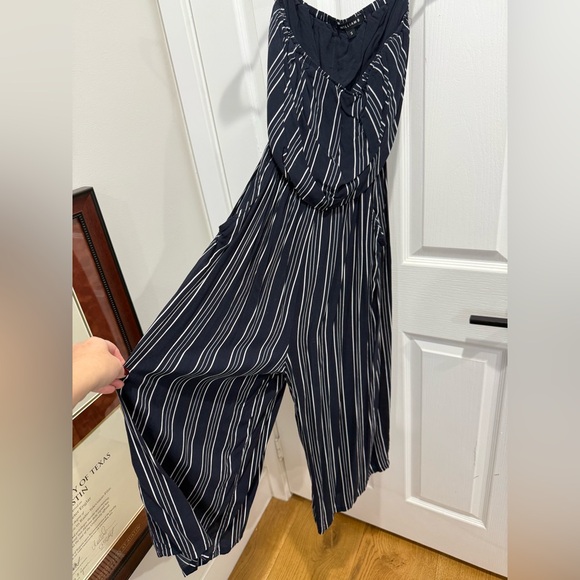 Striped Navy and White Strapless Jumpsuit - Picture 2 of 3